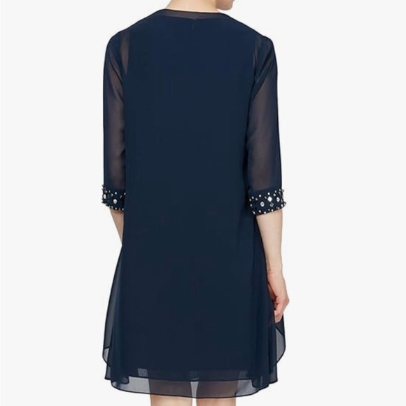 Women’s Formal Dress Sz 14 Navy Chiffon Beaded Long Sleeve 2-Pc Jacket Dress NWT - Picture 4 of 5